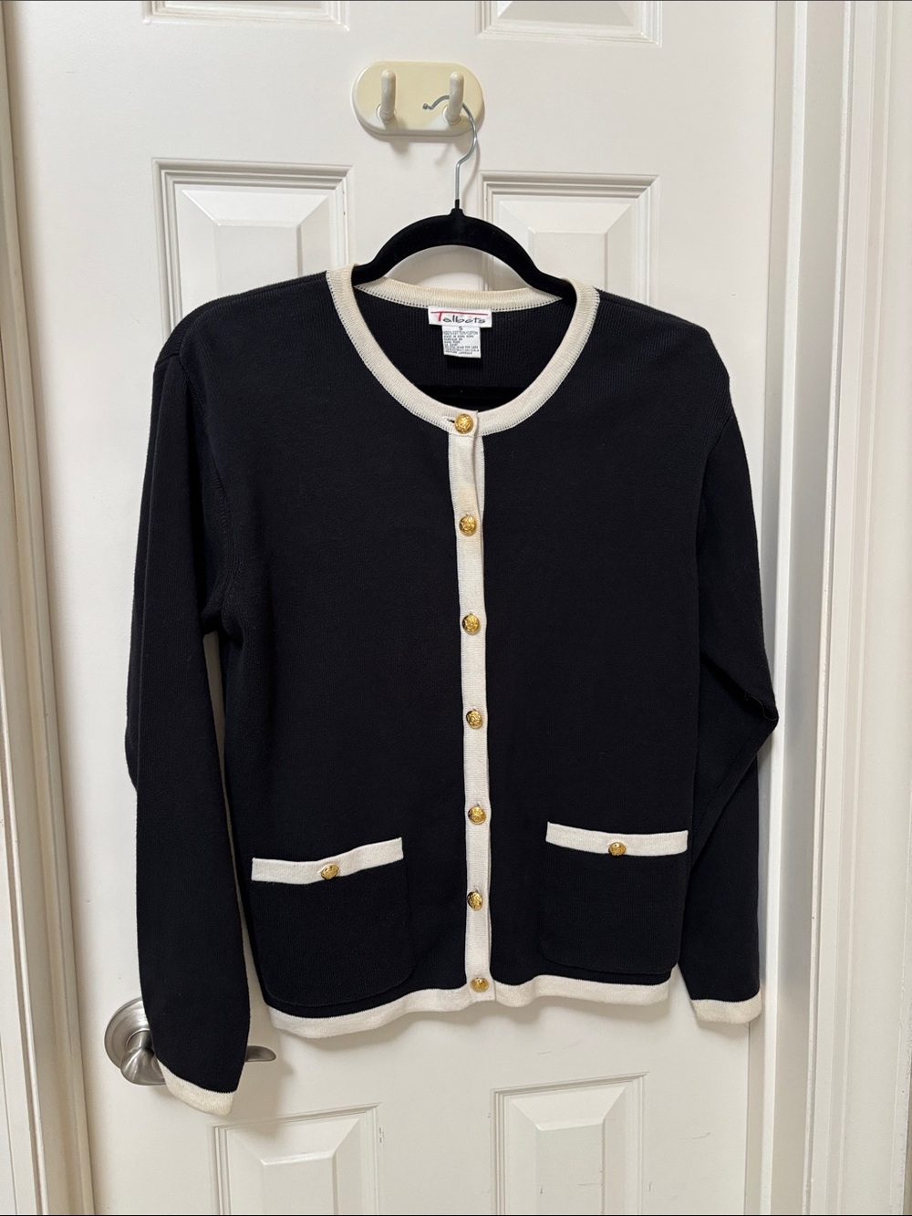 Talbots Black Cardigan with Cream Trim and Gold Buttons - Classic Knit